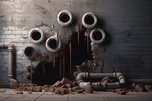 Photo paroi endommagée avec tuyaux de plomberie trou 3d illustration