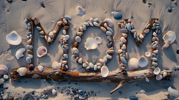 La parole de maman arrangée avec des pierres de mer et des coquillages sur une plage de sable fin Bannière de la fête des mères générée par l'IA