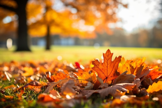 Éparpillement de feuilles de chêne sèches d'automne sur la pelouse en journée ensoleillée en gros plan de feuilles tombées colorées en