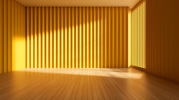 Parquet en bois brun mur ondulé jaune vif moderne et lumineux au soleil Ai Generative