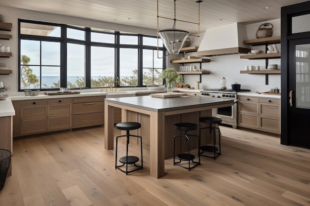 Parquet et carrelage en pierre naturelle dans la cuisine d'une maison côtière