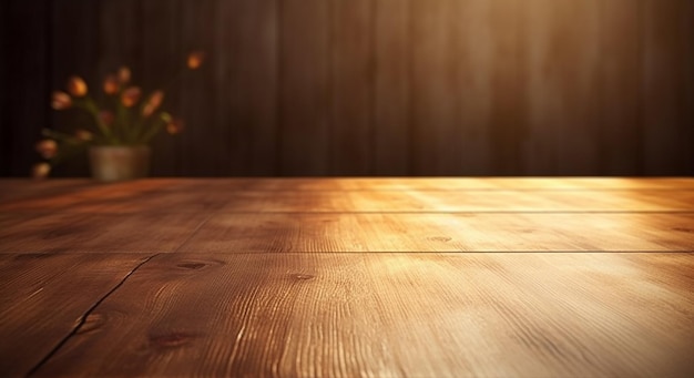 Parquet rustique en bois avec mur en bois flou sur fond marron couleurs douces générées par l'IA