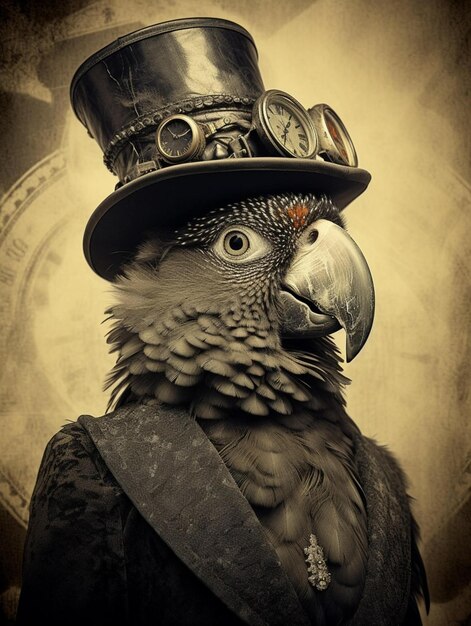 Parrot rétro vintage en costume et portant un chapeau de téléphone papier peint bannière monochrome jaune ai