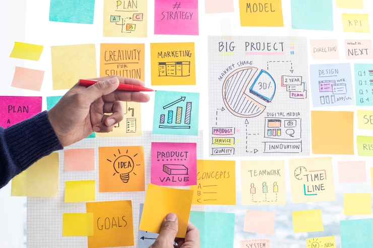 Photo partage de concepts d'idées avec la stratégie d'écriture de papernote sur le bureau en verre mural. marketing et communication d'entreprise