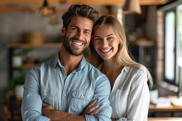 Des partenaires d'affaires masculins et féminins souriants sur cette photo