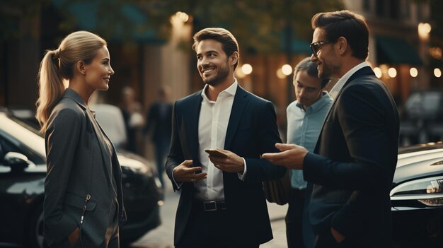 Photo des partenaires commerciaux marchent tout en discutant de l'emplacement de leur nouvelle entreprise photo de haute qualité