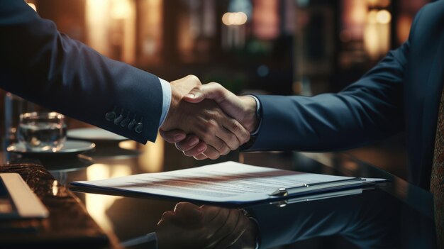 Partenariat personnes âgées d'affaires se serrent la main après un entretien d'embauche d'affaires au bureau
