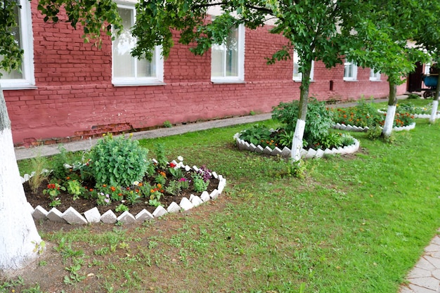 Parterre de fleurs fait maison avec de beaux verts de cet et de plantes et de l'herbe verte