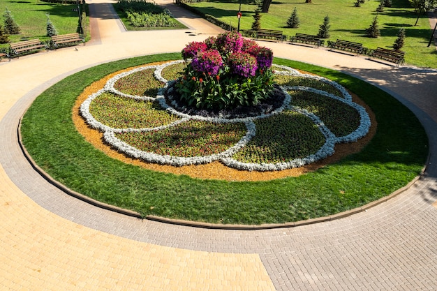 Parterre de fleurs avec des motifs de fleurs dans le paysage d'un parc de loisirs de la ville avec des sièges le long d'un chemin de tuiles et à l'aide de poudre de chêne