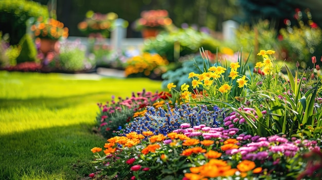 Des parterres de fleurs colorés en pleine floraison créent une scène pittoresque dans l'arrière-cour.