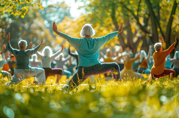 Des participants âgés profitant du yoga dans le parc Sunlit Santé et activité communautaire