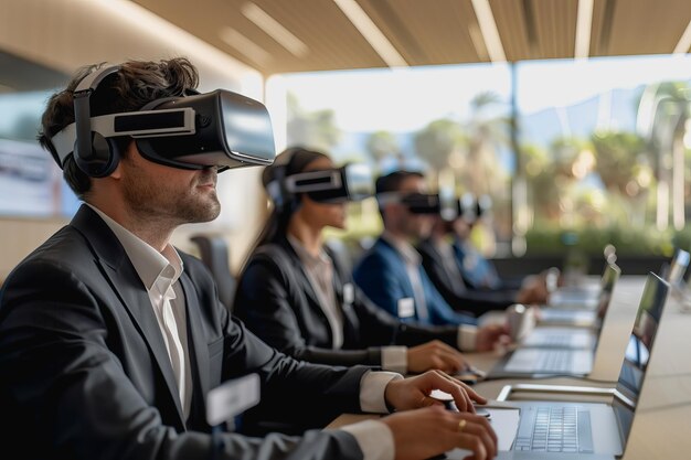 participants à une salle de conférence de réalité virtuelle portant des casques VR lors de conférences