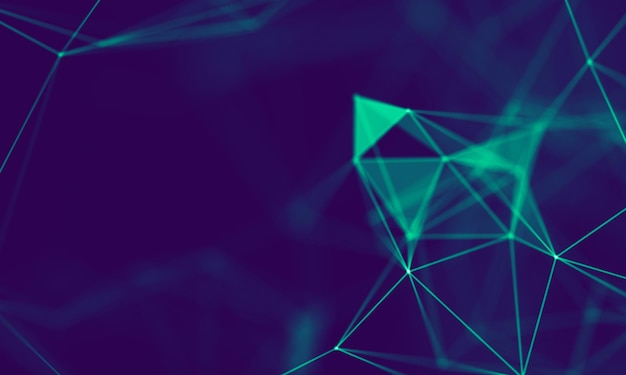 Particules géométriques bleues abstraites sur fond violet Structure de connexion Science fond bleu Technologie futuriste Élément HUD connectant des points et des lignes Big data et Business