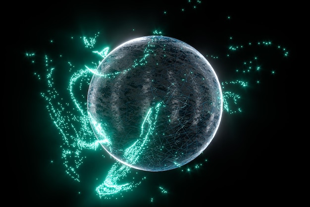 Particules incandescentes entourant le rendu 3d de la planète