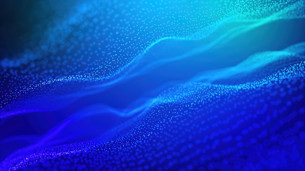 Particules d'onde de couleur bleue numérique et lumière avec arrière-plan flou