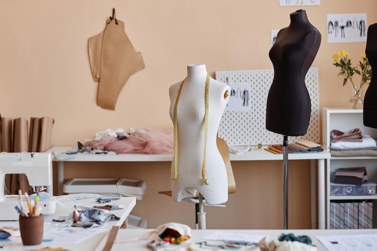 Photo partie d'un atelier spacieux d'artisan avec du matériel de couture et des mannequins
