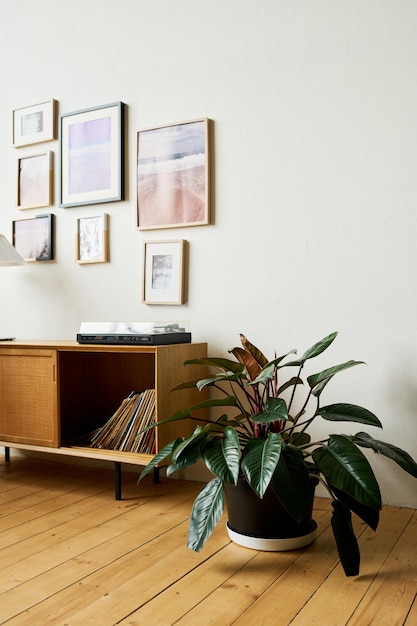 Partie de bureau openspace avec tourne-disque sur table console debout près du mur