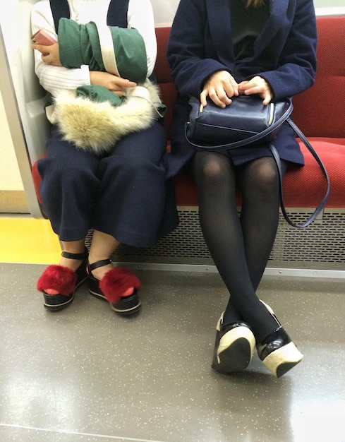 La partie inférieure des femmes assises dans le train