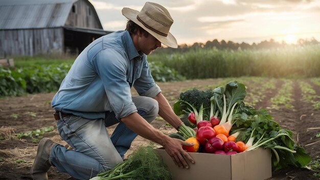 La partie inférieure d'un fermier avec une boîte à légumes