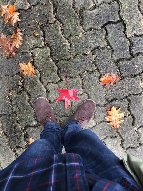 Une partie inférieure de l'homme debout sur une rue pavée