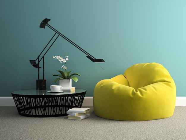 Partie de l'intérieur avec rendu 3d pouf jaune