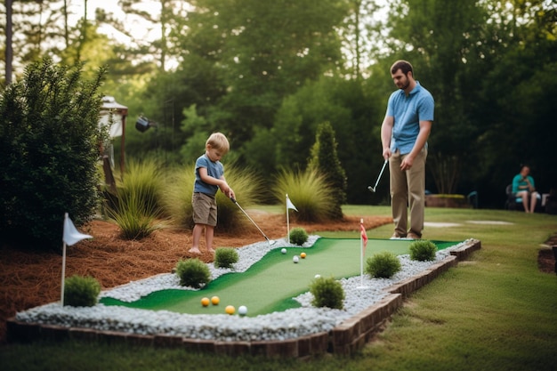 Photo une partie de minigolf en famille à l'occasion de la fête des pères