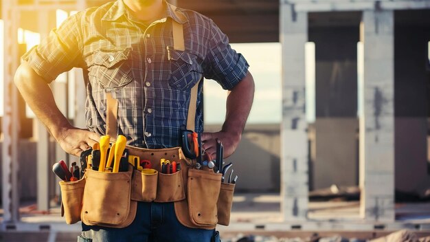 Partie d'un ouvrier du bâtiment avec une ceinture d'outils