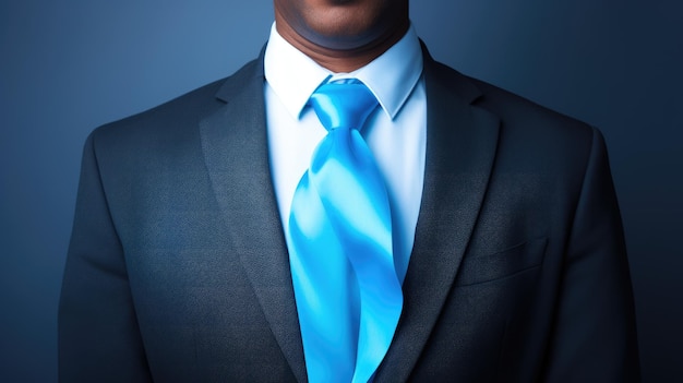 Partie supérieure du corps de l'homme en costume avec chemise blanche et cravate en ruban bleu