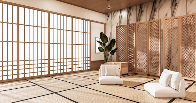 Partition japonaise sur chambre intérieur tropical avec sol en tatami et mur de carreaux de ganite