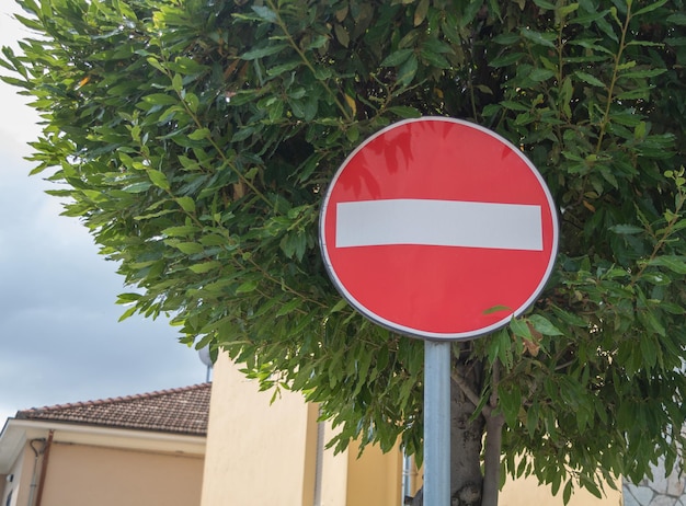 Pas de panneau de circulation d'entrée dans une rue devant un arbre