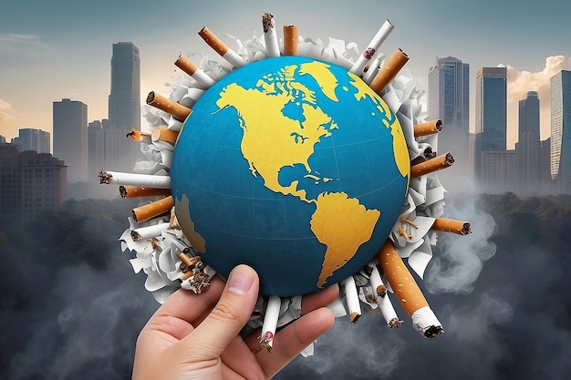 Photo pas de tabagisme et la journée mondiale sans tabac avec beaucoup de gens et la main anti-cigarette dans la ville