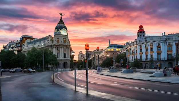 Paseo de la castellana à l'heure du coucher du soleil à Madrid