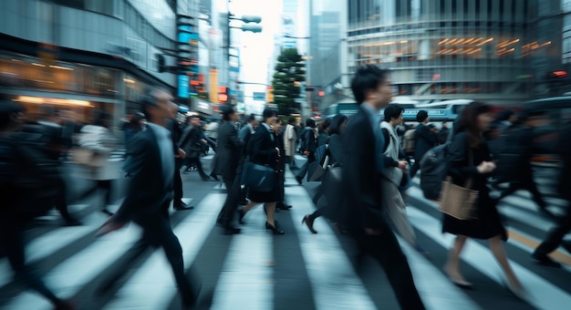 Le passage des piétons est flou et les hommes d'affaires en ville pour l'heure de pointe du matin se rendent au travail.