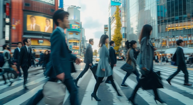 Passage des piétons et flou de mouvement avec les hommes d'affaires en ville pour le travail à l'heure de pointe bâtiment rue