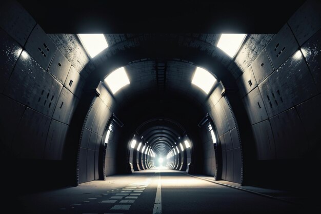 Le passage souterrain du tunnel long et lointain avec des lumières scène de tir de style noir et blanc