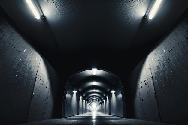 Photo le passage souterrain du tunnel long et lointain avec des lumières scène de tir de style noir et blanc