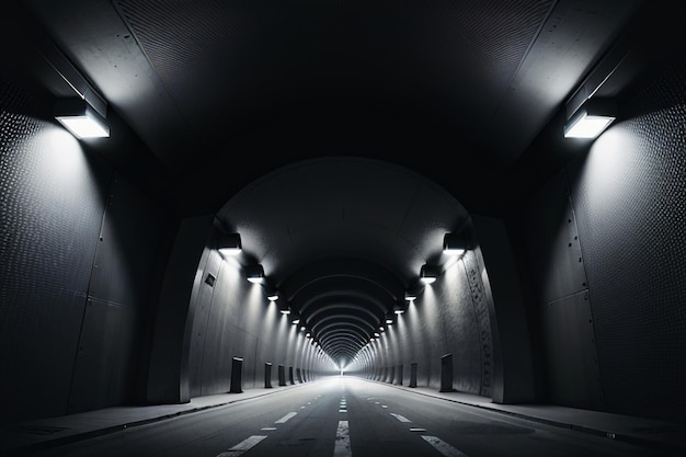 Le passage souterrain du tunnel long et lointain avec des lumières scène de tournage de style noir et blanc