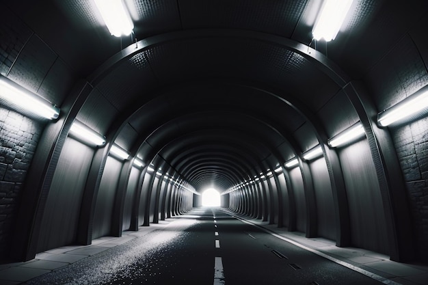 Le passage souterrain du tunnel long et lointain avec des lumières scène de tournage de style noir et blanc