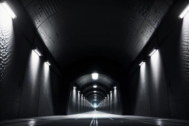 Le passage souterrain du tunnel long et lointain avec des lumières scène de tournage de style noir et blanc