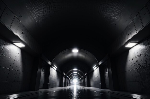 Le passage souterrain du tunnel long et lointain avec des lumières scène de tournage de style noir et blanc