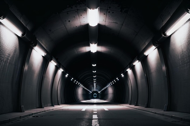 Le passage souterrain du tunnel long et lointain avec des lumières scène de tournage de style noir et blanc