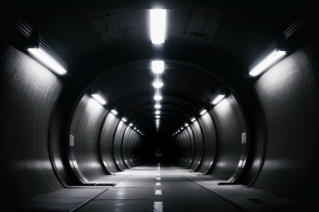 Le passage souterrain du tunnel long et lointain avec des lumières scène de tournage de style noir et blanc