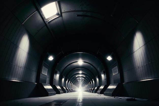 Le passage souterrain du tunnel long et lointain avec des lumières scène de tournage de style noir et blanc