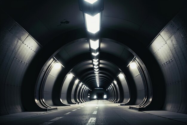 Le passage souterrain du tunnel long et lointain avec des lumières scène de tournage de style noir et blanc