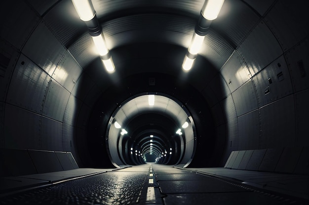 Le passage souterrain du tunnel long et lointain avec des lumières scène de tournage de style noir et blanc