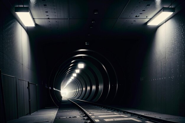 Le passage souterrain du tunnel long et lointain avec des lumières scène de tournage de style noir et blanc