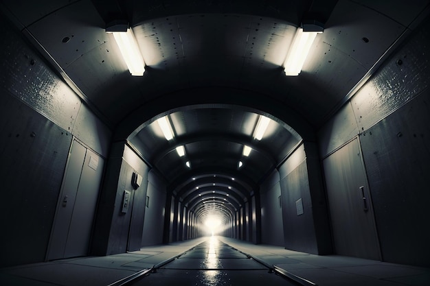 Le passage souterrain du tunnel long et lointain avec des lumières scène de tournage de style noir et blanc