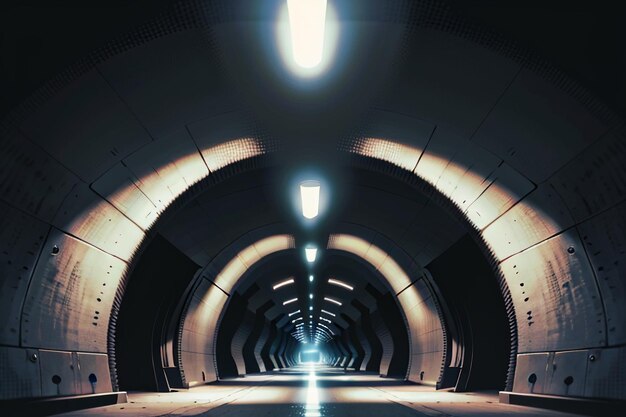 Le passage souterrain du tunnel long et lointain avec des lumières scène de tournage de style noir et blanc