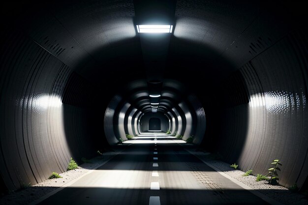 Photo le passage souterrain du tunnel long et lointain avec des lumières scène de tournage de style noir et blanc