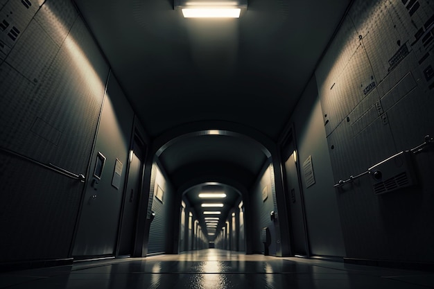 Le passage souterrain du tunnel long et lointain avec des lumières scène de tournage de style noir et blanc